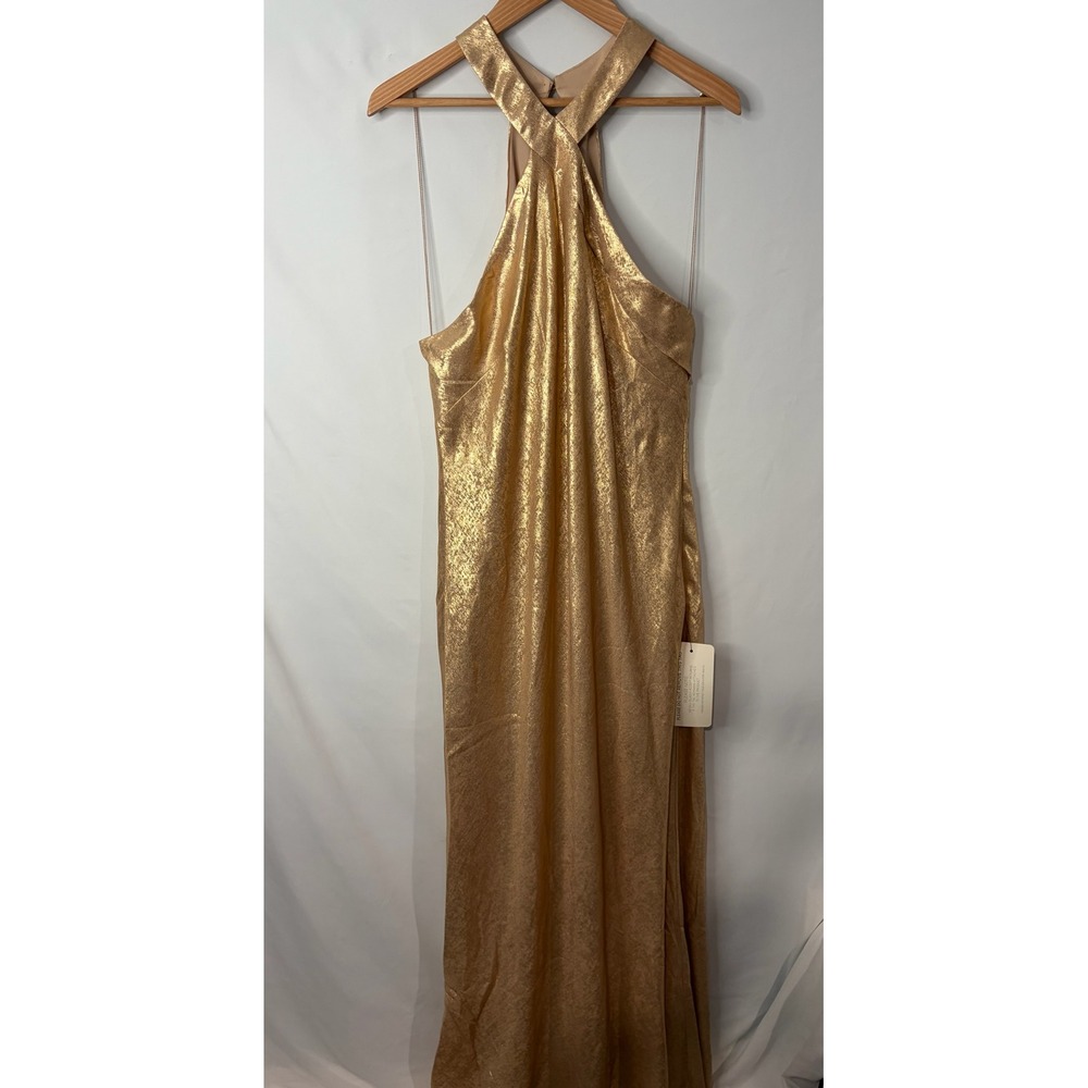 Adrianna Papell Foil Woven Halter Gown Light Gold Metallic Dress 20 Formal Glam